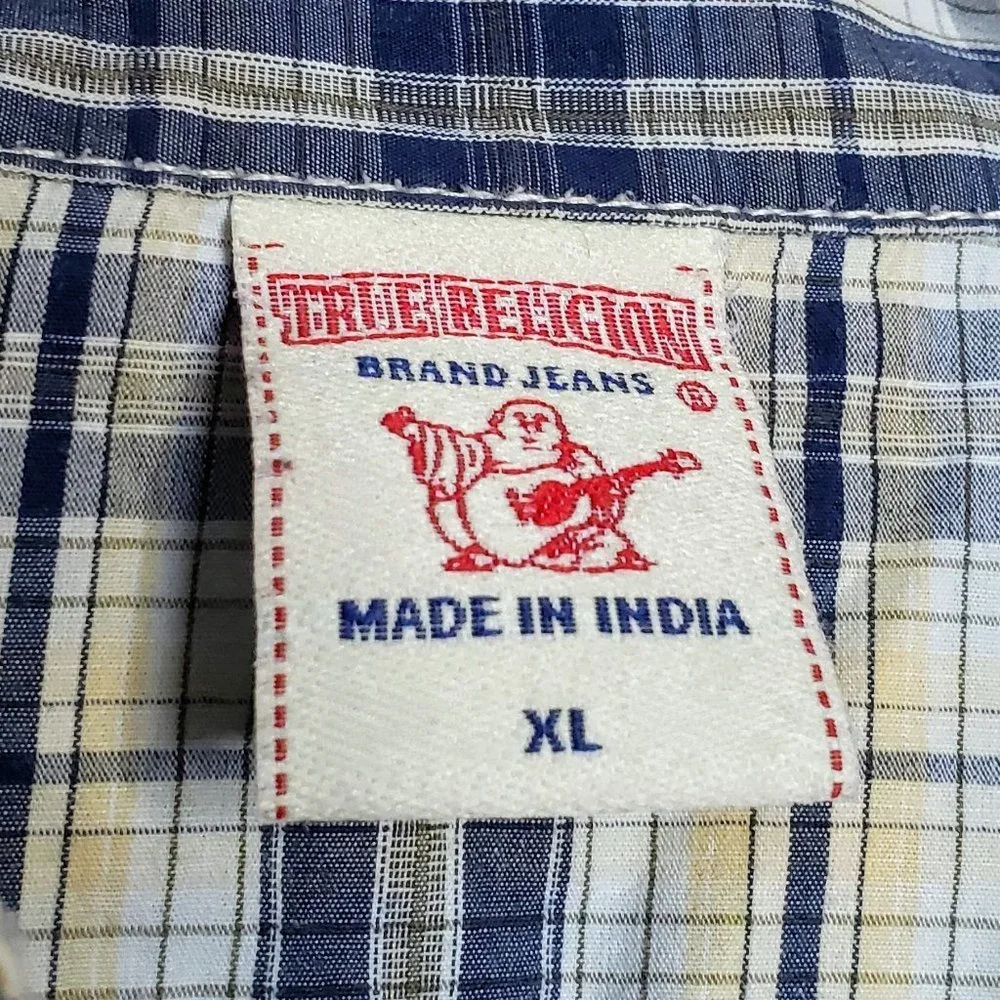 True‎ Religion Plaid Distressed Shirt Men Button Down Pearl Snap Flap Pocket XL